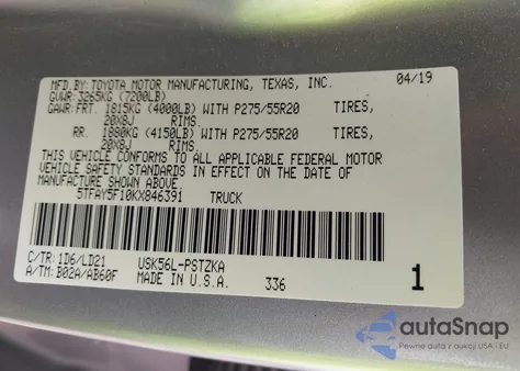 2019 Toyota Tundra 1794 5.7L V8 из США, поврежденный, VIN 5TFAY5F10KX846391